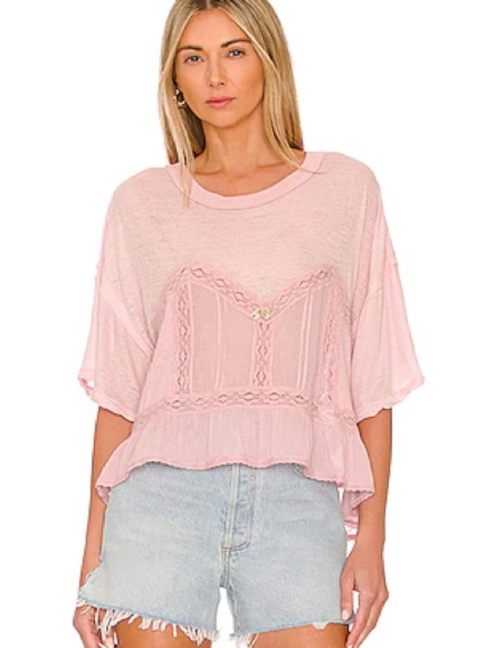 Free Peopl XL Pink Lace-Trim Peplum Tunic